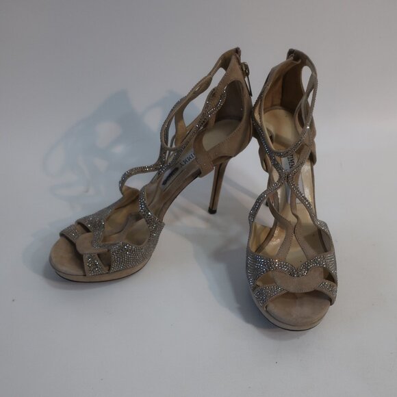 Authentic Jimmy Choo Taupe Bedazzled Suede Ankle Strap Zip Heels 38.5 US/8.5 - Picture 4 of 16